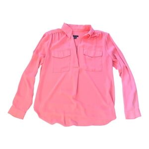 Ann Taylor Coral Pink Long Sleeve Blouse Pocket Front Size Small